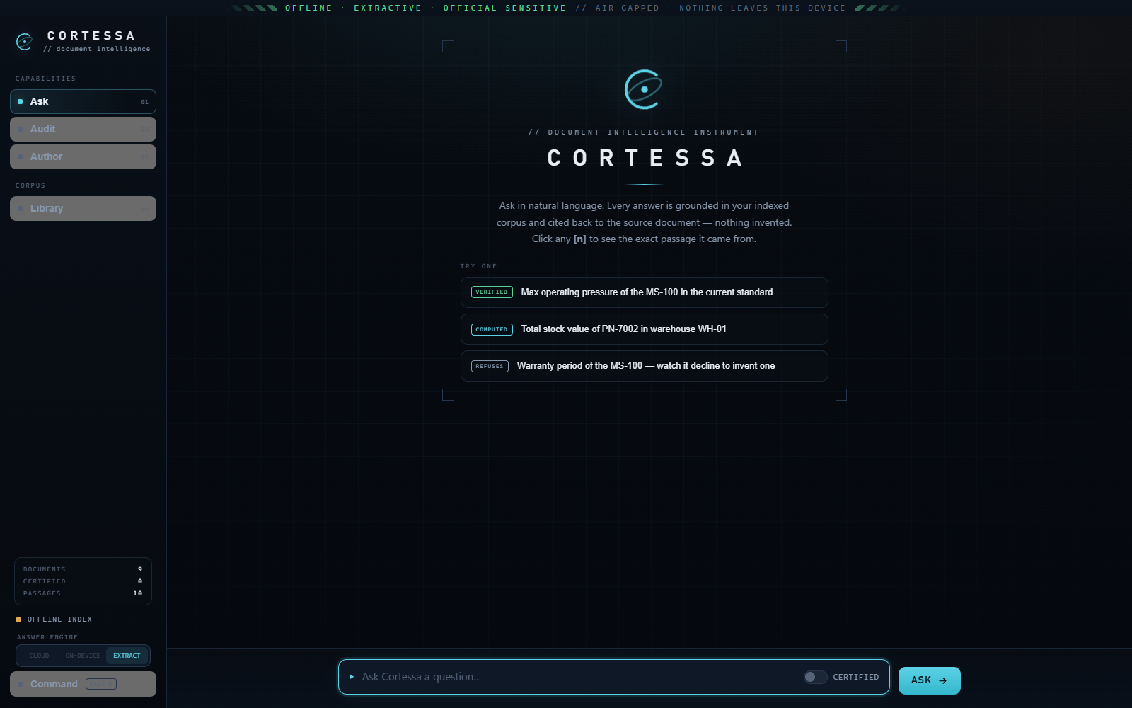 Cortessa home screen showing the Ask console with suggested questions and the offline extractive classification ribbon