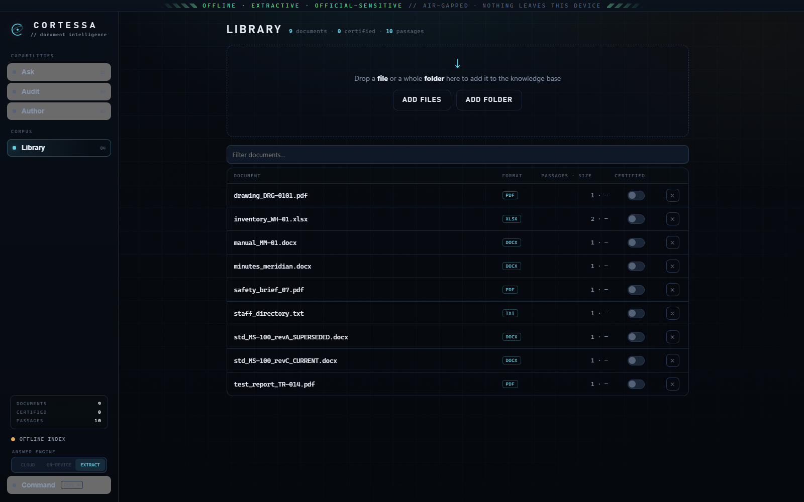 Cortessa library screen listing the indexed documents with per-document certification toggles